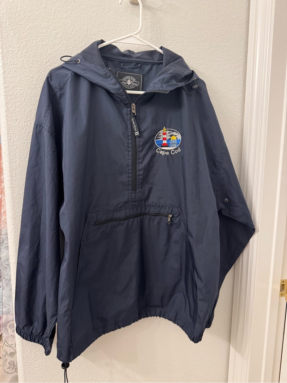 Charles River Apparel Navy Hooded Windbreaker Jacket Medium with Cape Cod Patch